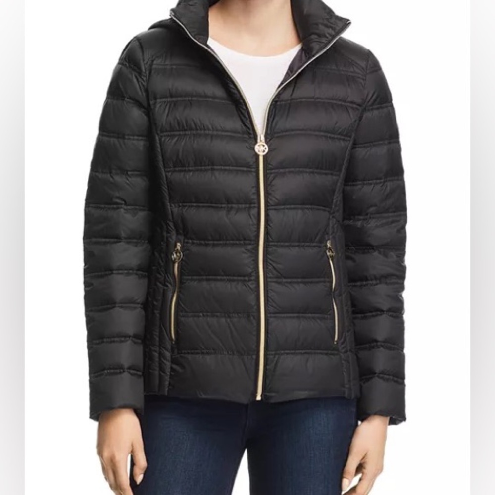 MICHAEL Michael Kors Black Quilted Puffer Jacket with Gold Zipper